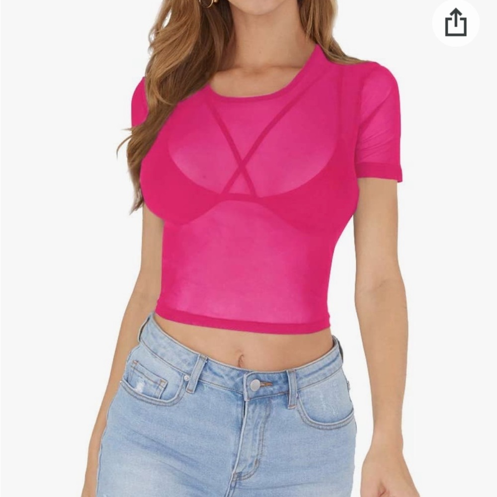 Hot Pink Sheer Mesh Short Sleeve Crop Top-XXL